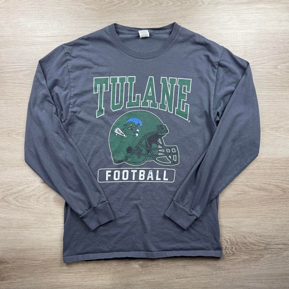 Tulane Green Wave Football Helmet Graphic Long Sleeve T-Shirt Grey M